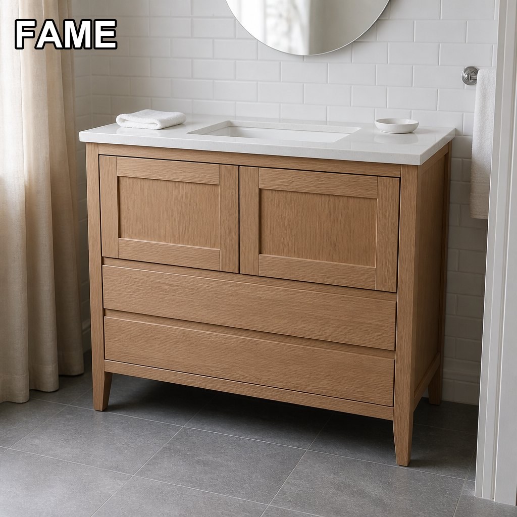 42 in Shaker Oak Freestanding Vanity — Quartz Top, UPC Undermount Sink, 8 in Widespread Drilling in a real bathroom setting