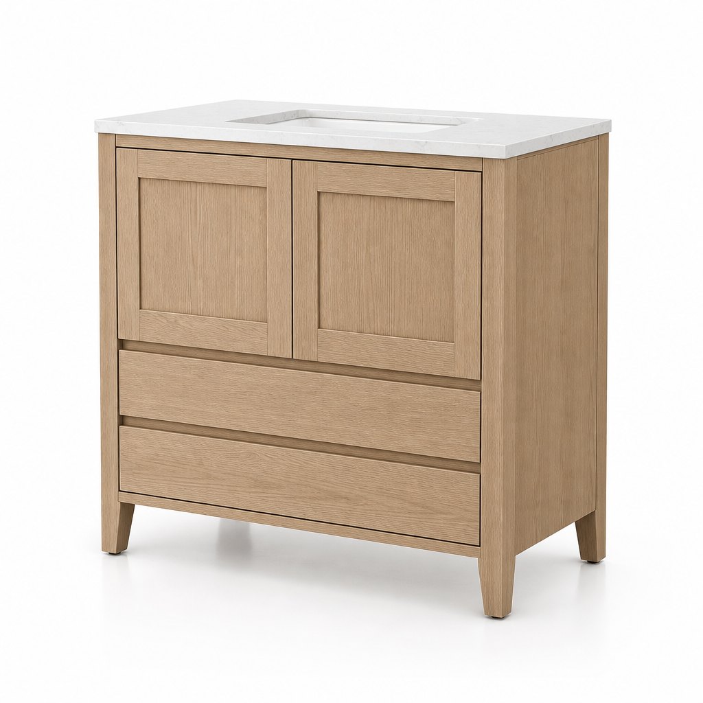 42 in Shaker Oak Freestanding Vanity — Quartz Top, UPC Undermount Sink, 8 in Widespread Drilling — FAME bathroom cabinet manufacturer