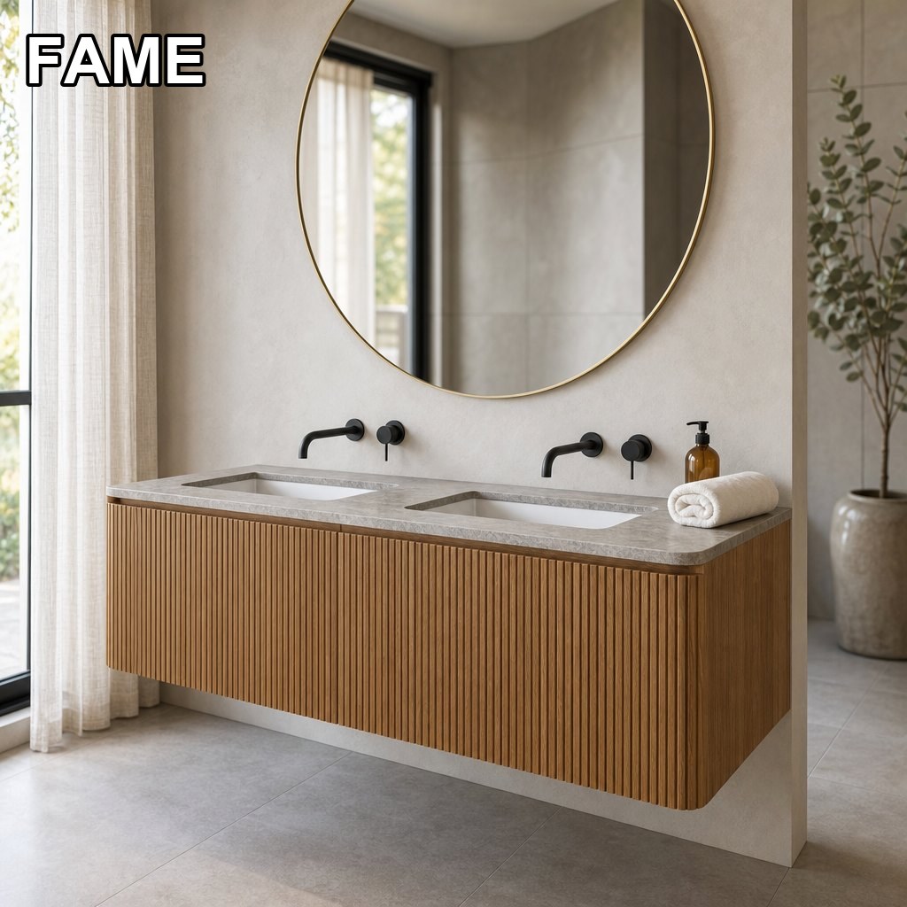 48″ Warm-Oak Double-Basin Floating Vanity — Fluted Doors, Sintered-Stone Top in a real bathroom setting