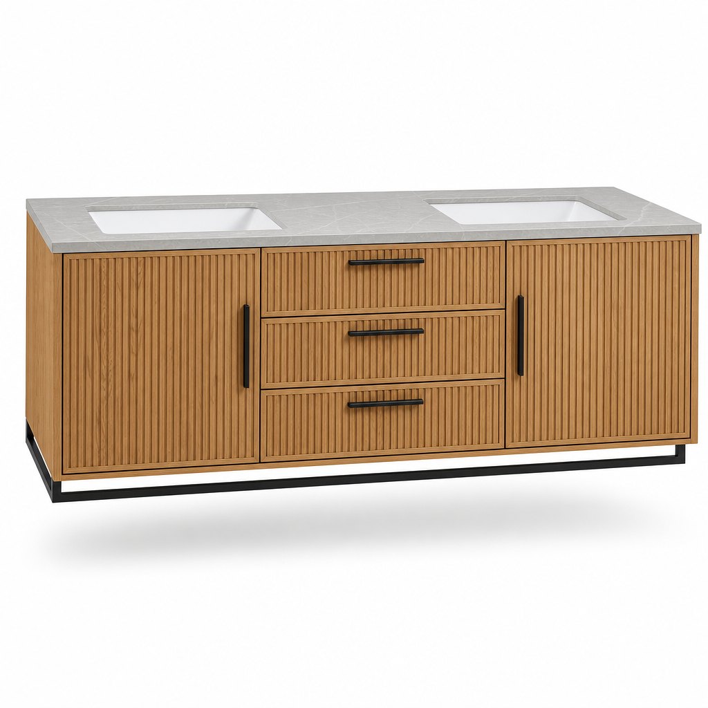 48″ Warm-Oak Double-Basin Floating Vanity — Fluted Doors, Sintered-Stone Top — FAME bathroom cabinet manufacturer