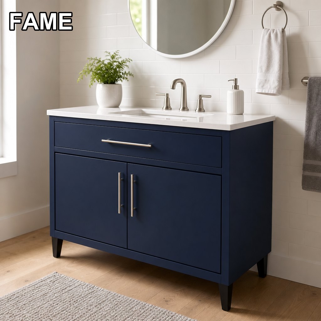 49″ Midnight Blue Bathroom Vanity — Pure White Quartz Countertop in a real bathroom setting