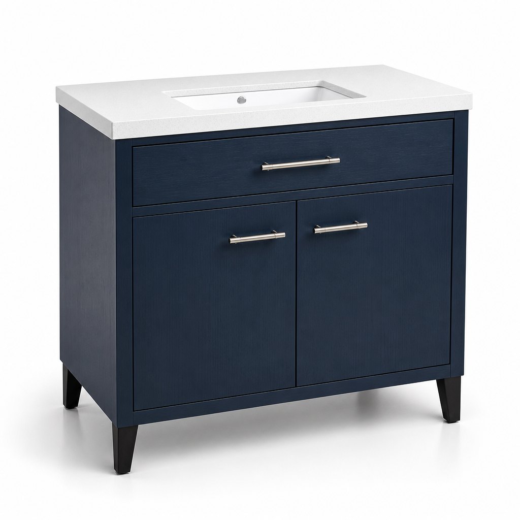 49″ Midnight Blue Bathroom Vanity — Pure White Quartz Countertop — FAME bathroom cabinet manufacturer