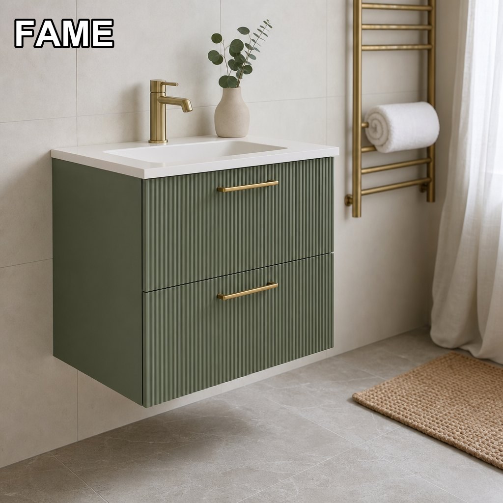 500mm Sage Fluted Cloakroom Vanity Unit — Two-Drawer Wall-Hung in a real bathroom setting