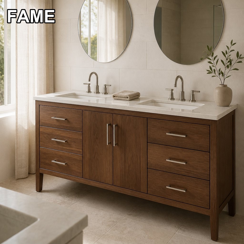 54-Inch Walnut Double Vanity — A Furniture-Leg Base Under a 1.2-Inch Sintered Stone Top in a real bathroom setting