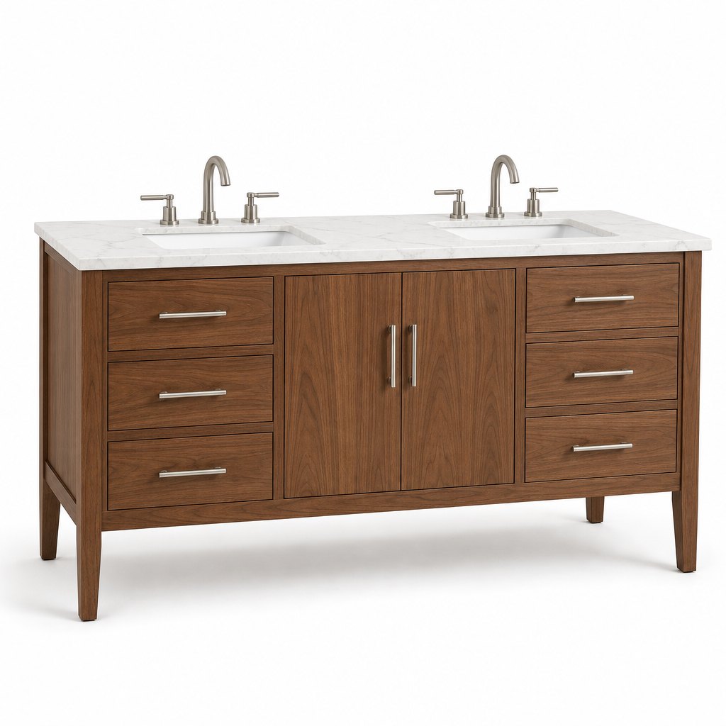 54-Inch Walnut Double Vanity — Furniture-Leg Base, Sintered Stone Top — FAME OEM bathroom vanity