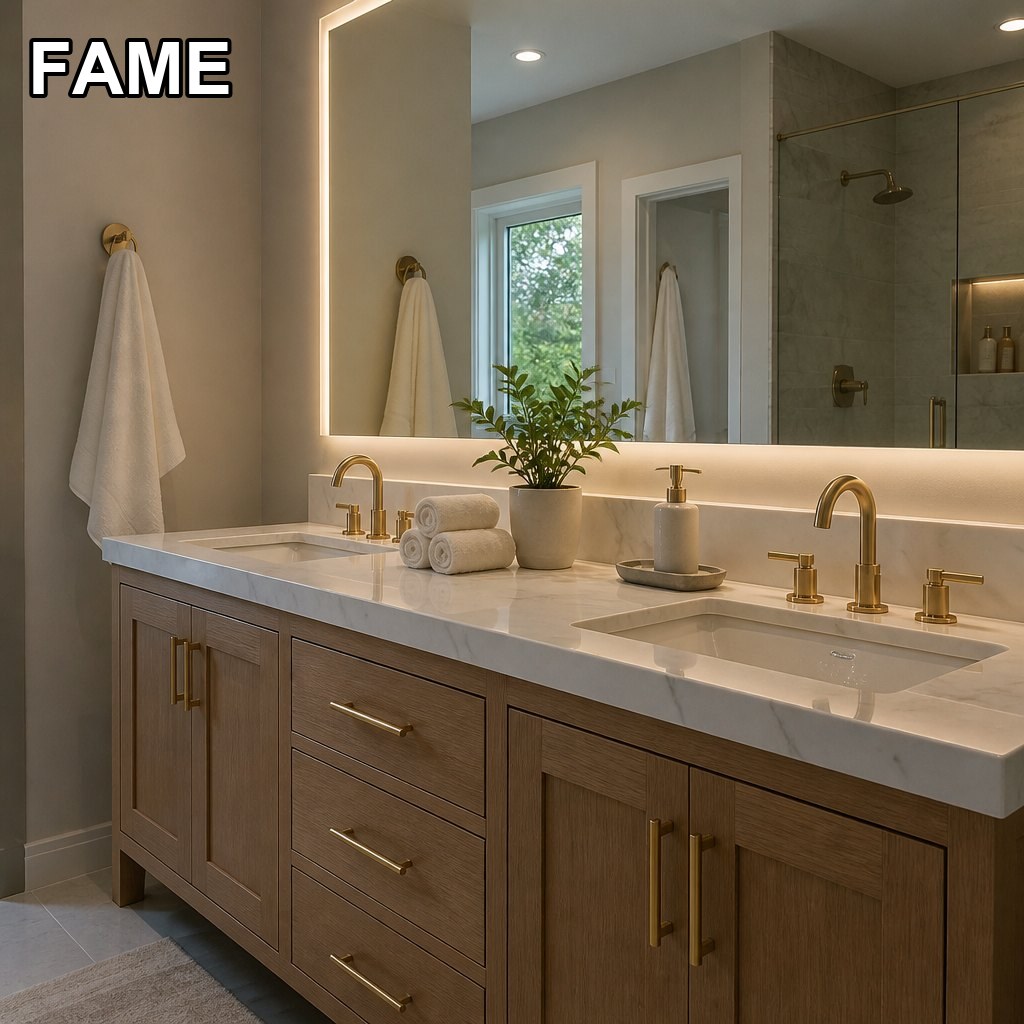 60″ Double Basin Bathroom Vanity — Marble Top + LED Mirror in a real bathroom setting