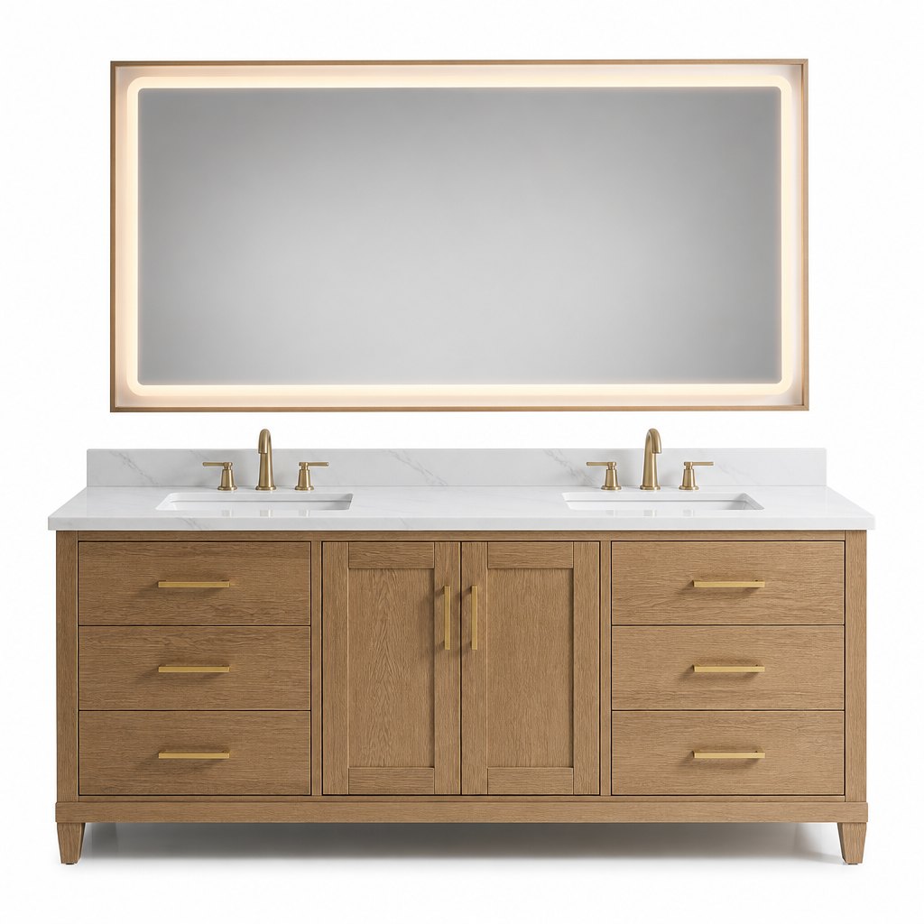60″ Double Basin Bathroom Vanity — Marble Top + LED Mirror — FAME bathroom cabinet manufacturer