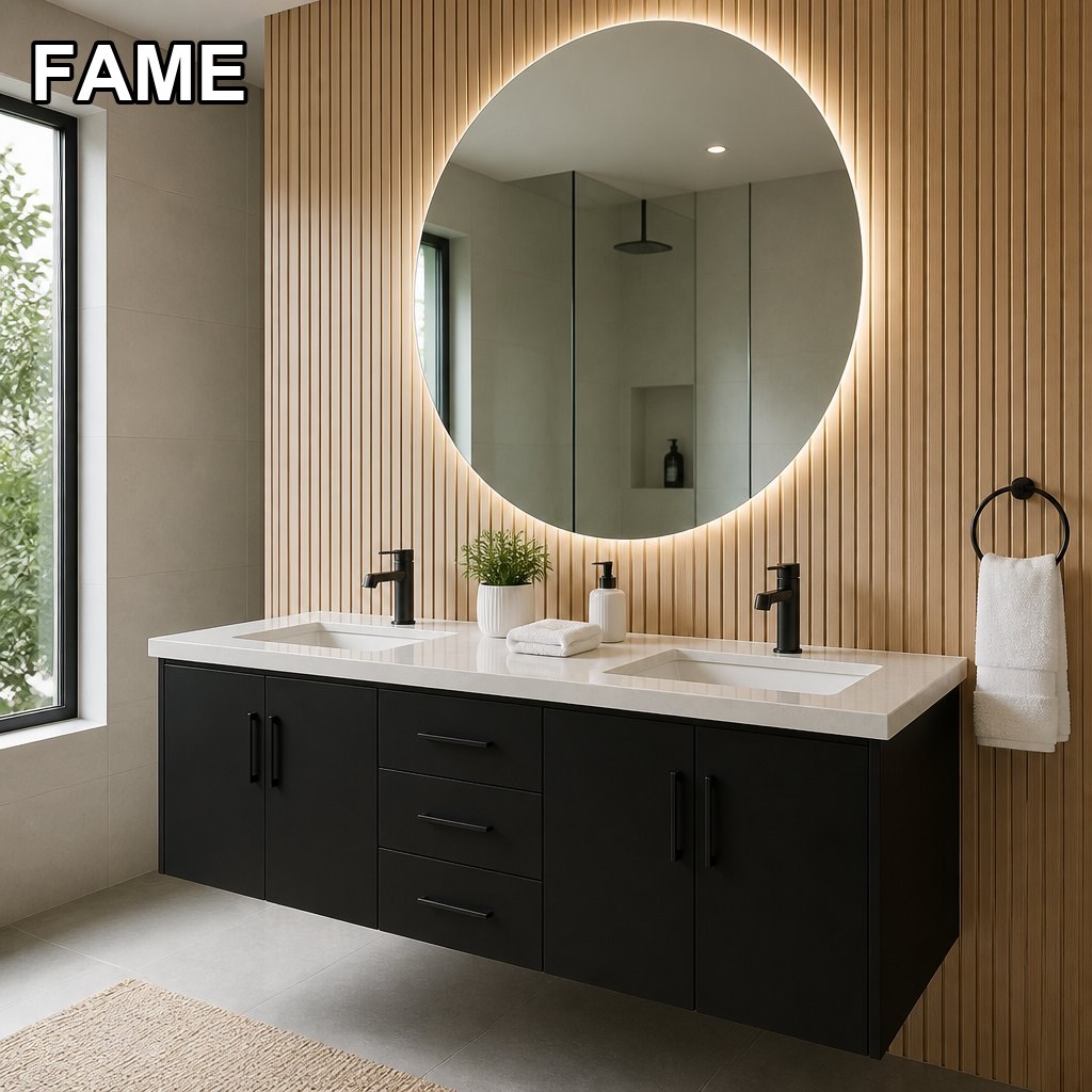 60″ Matte Black Double-Basin Floating Vanity — White Quartz Top in a real bathroom setting