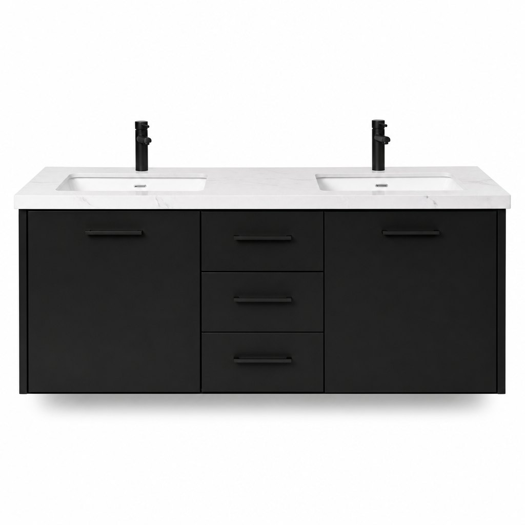 60″ Matte Black Double-Basin Floating Vanity — White Quartz Top — FAME bathroom cabinet manufacturer