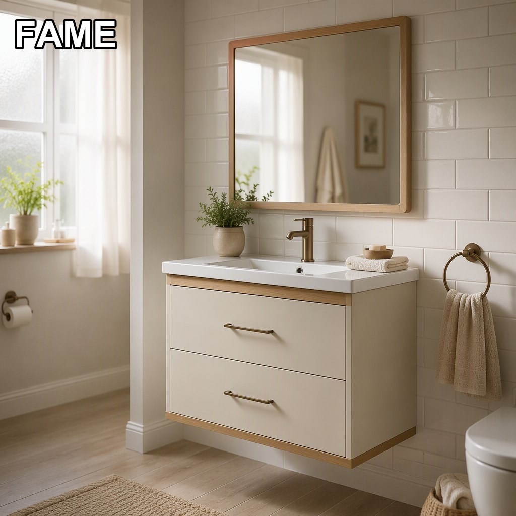 600mm Cream Oak Wall-Mounted Vanity Set — Integrated Ceramic Basin & Mirror in a real bathroom setting