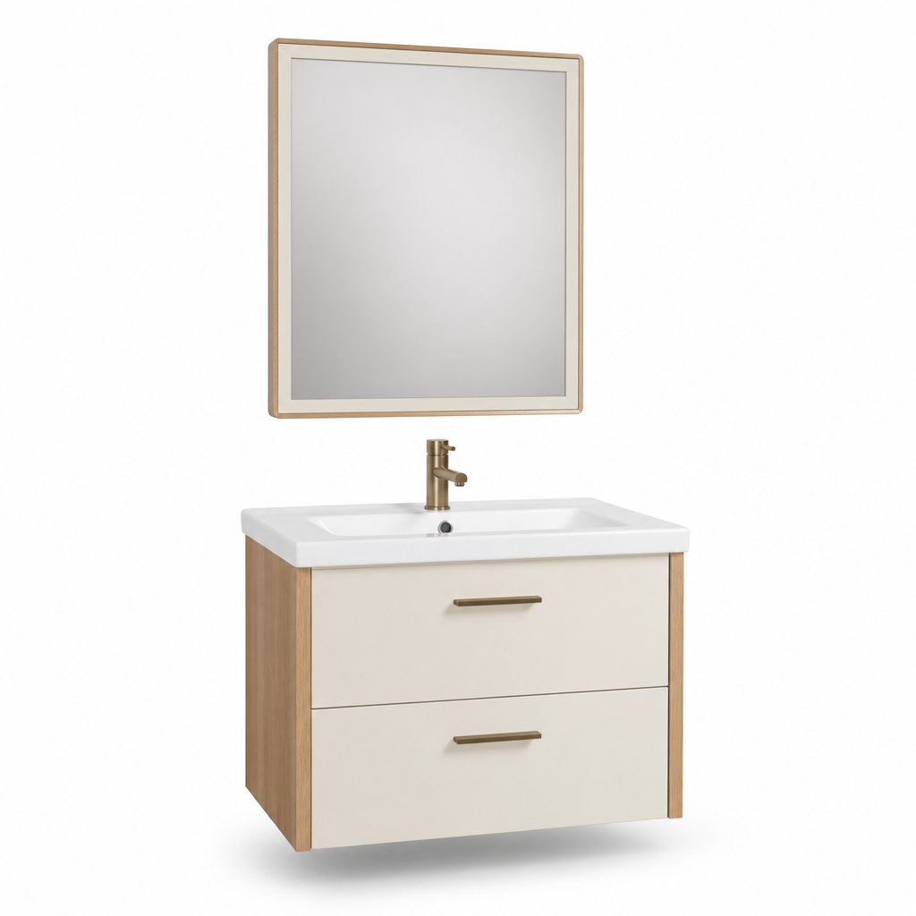 600mm Cream Oak Wall-Mounted Vanity Set — Integrated Ceramic Basin & Mirror — FAME bathroom cabinet manufacturer