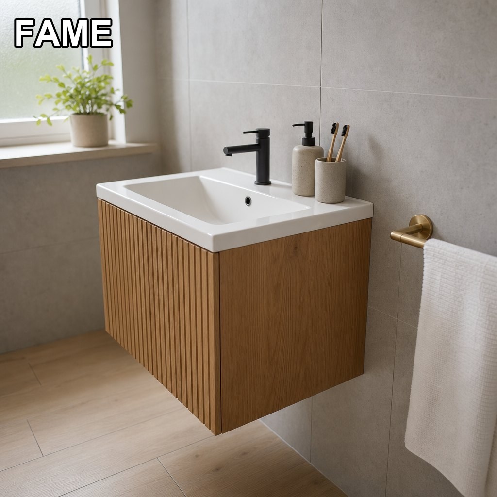 600mm Fluted Oak Wall-Hung Vanity — One-Piece Ceramic Basin in a real bathroom setting