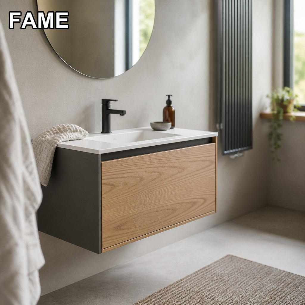 600 mm Two-Tone Oak & Graphite Wall-Hung Vanity — Seamless Integrated Basin in a real bathroom setting