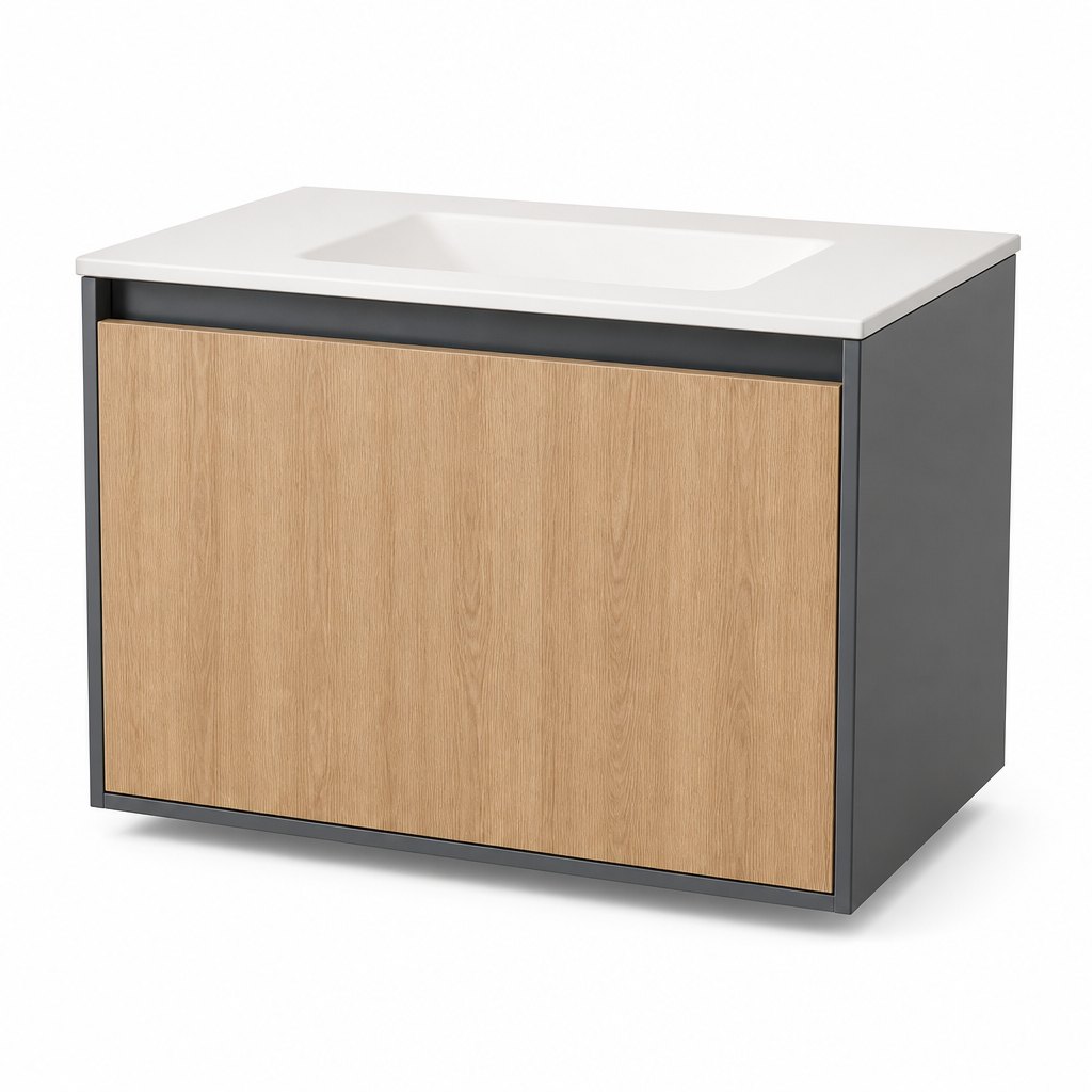 600 mm Two-Tone Oak & Graphite Wall-Hung Vanity — Seamless Integrated Basin — FAME bathroom cabinet manufacturer