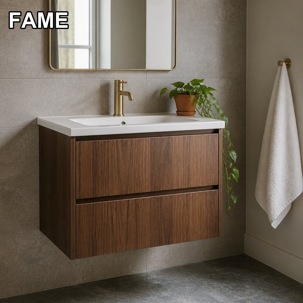 650 mm Warm Walnut Floating Vanity — Full PVC Waterproof Body + Seamless One-Piece Basin in a real bathroom setting