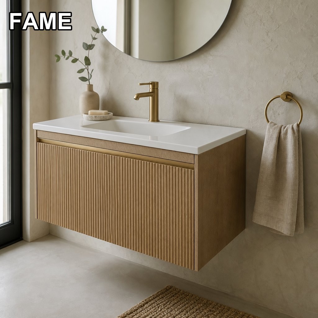 700 mm Fluted French Oak Wall-Hung Vanity — Brushed Brass Inlay & One-Piece Integrated Basin in a real bathroom setting