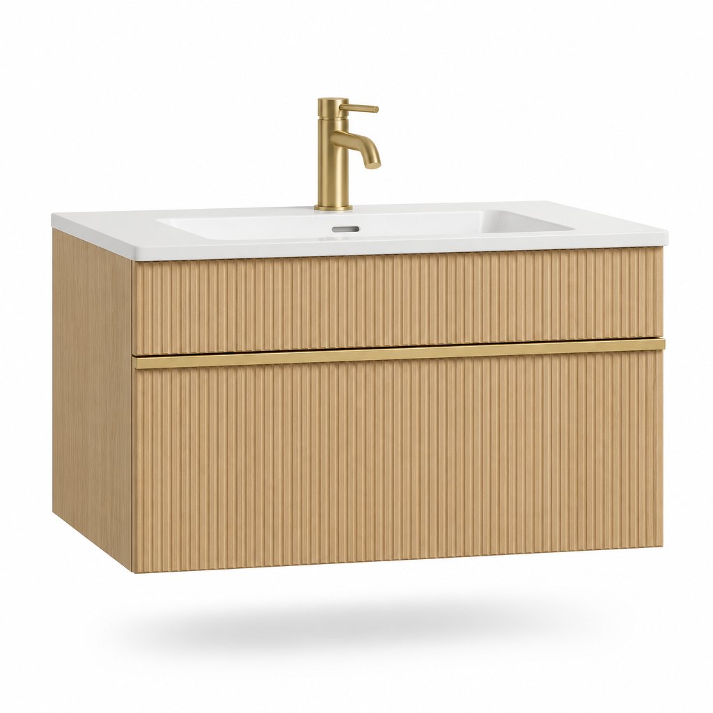 700 mm Fluted French Oak Wall-Hung Vanity — Brushed Brass Inlay & One-Piece Integrated Basin — FAME bathroom cabinet manufacturer