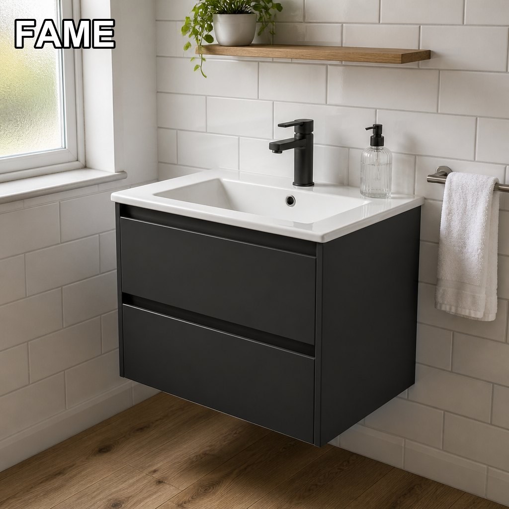 700mm Matt Anthracite Wall-Hung Vanity Unit — Ceramic Countertop Basin in a real bathroom setting