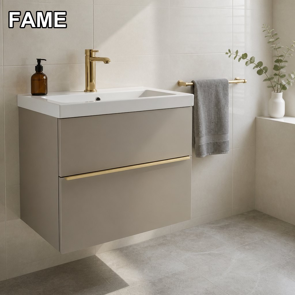 700 mm Matt Putty Wall-Hung Vanity — One-Piece Ceramic Basin, Brass Profile Pull in a real bathroom setting