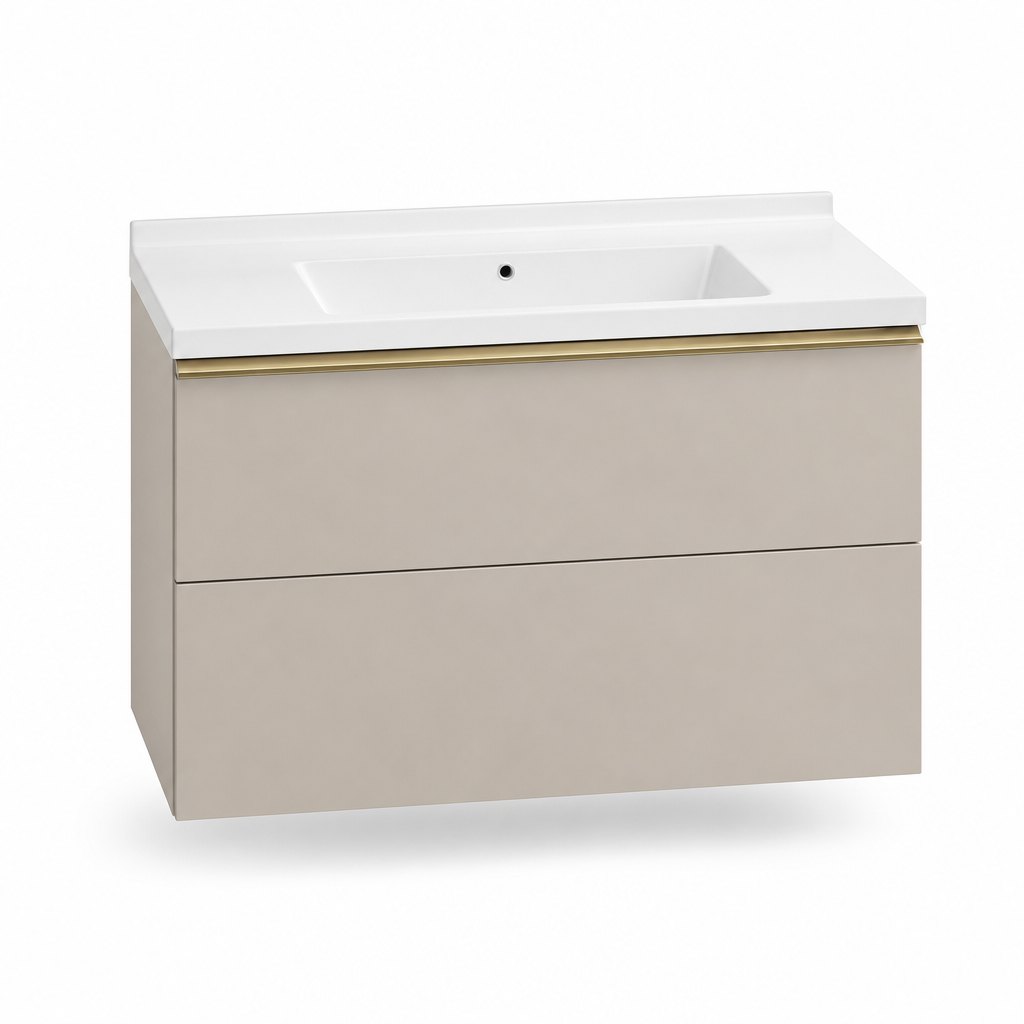 700 mm Matt Putty Wall-Hung Vanity — One-Piece Ceramic Basin, Brass Profile Pull — FAME bathroom cabinet manufacturer