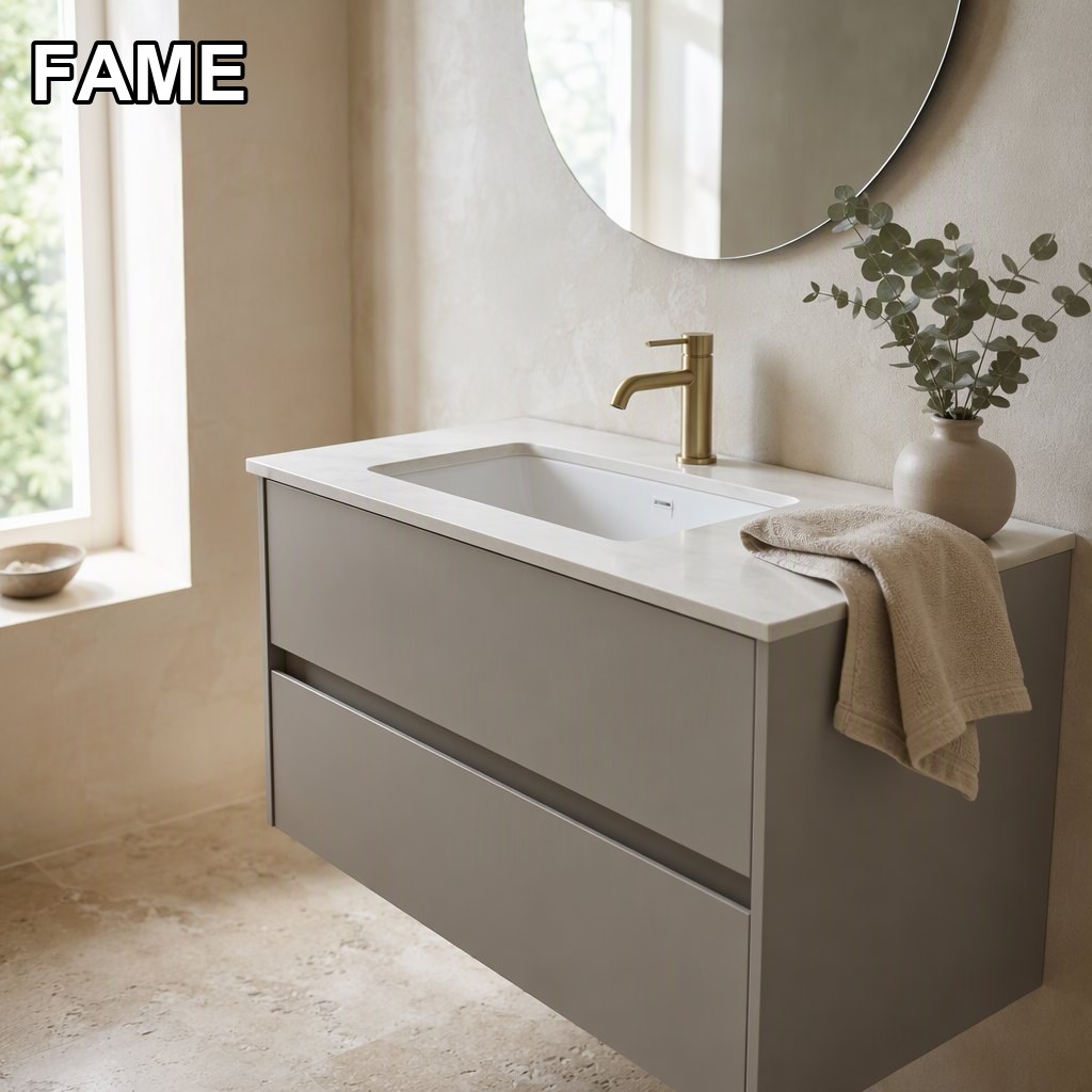 700 mm Matt Putty Wall-Hung Vanity — J-Pull Drawers, Sintered Stone Top in a real bathroom setting