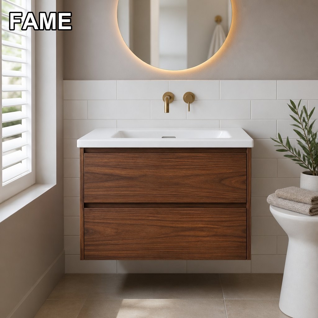 700mm Wall-Hung Vanity — Warm Walnut, Integrated Ceramic Basin in a real bathroom setting