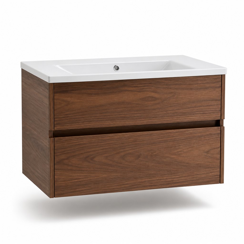 700mm Wall-Hung Vanity — Warm Walnut, Integrated Ceramic Basin — FAME bathroom cabinet manufacturer