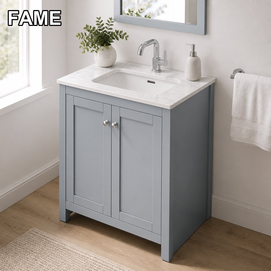 750mm Shaker Blue Vanity — Marble Top, Undermount Sink in a real bathroom setting