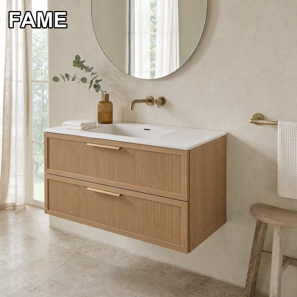 750 mm V-Groove Oak Wall-Hung Vanity — Integrated Ceramic Basin in a real bathroom setting