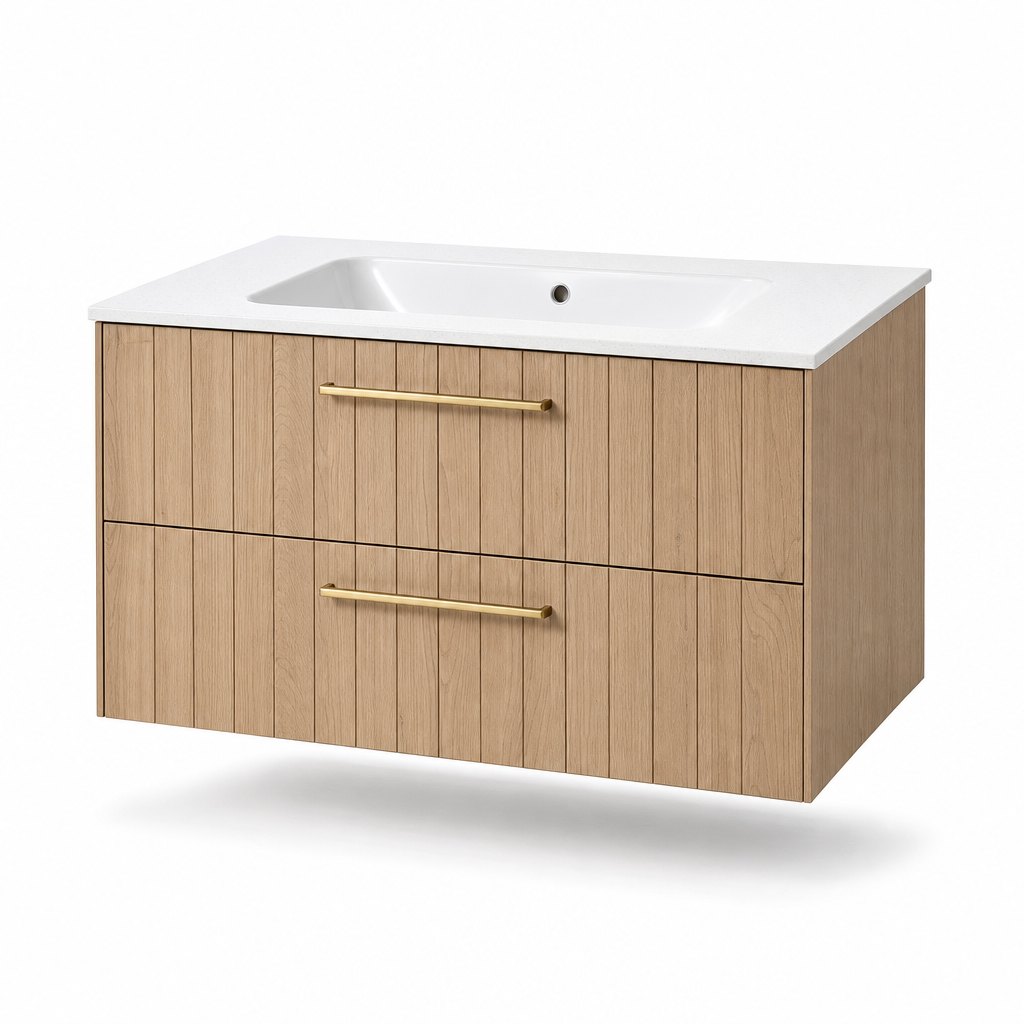 750 mm V-Groove Oak Wall-Hung Vanity — Integrated Ceramic Basin — FAME bathroom cabinet manufacturer