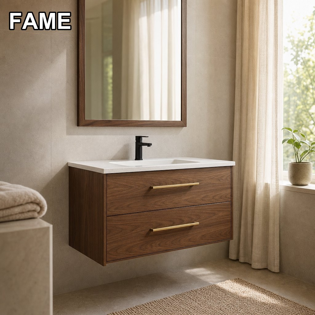 800mm Wood-Grain Aluminium Floating Vanity — Warm Walnut Effect, LED Mirror in a real bathroom setting