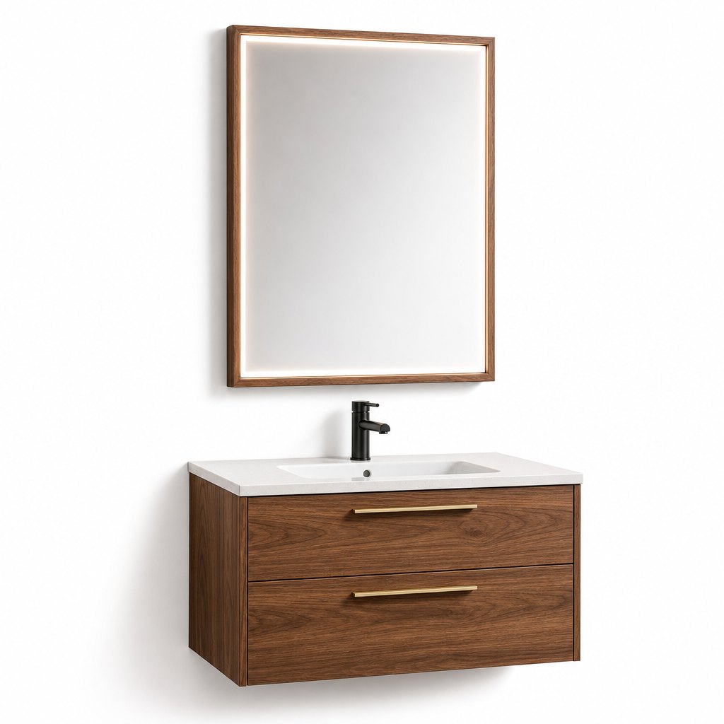 800mm Wood-Grain Aluminium Floating Vanity — Warm Walnut Effect, LED Mirror — FAME bathroom cabinet manufacturer