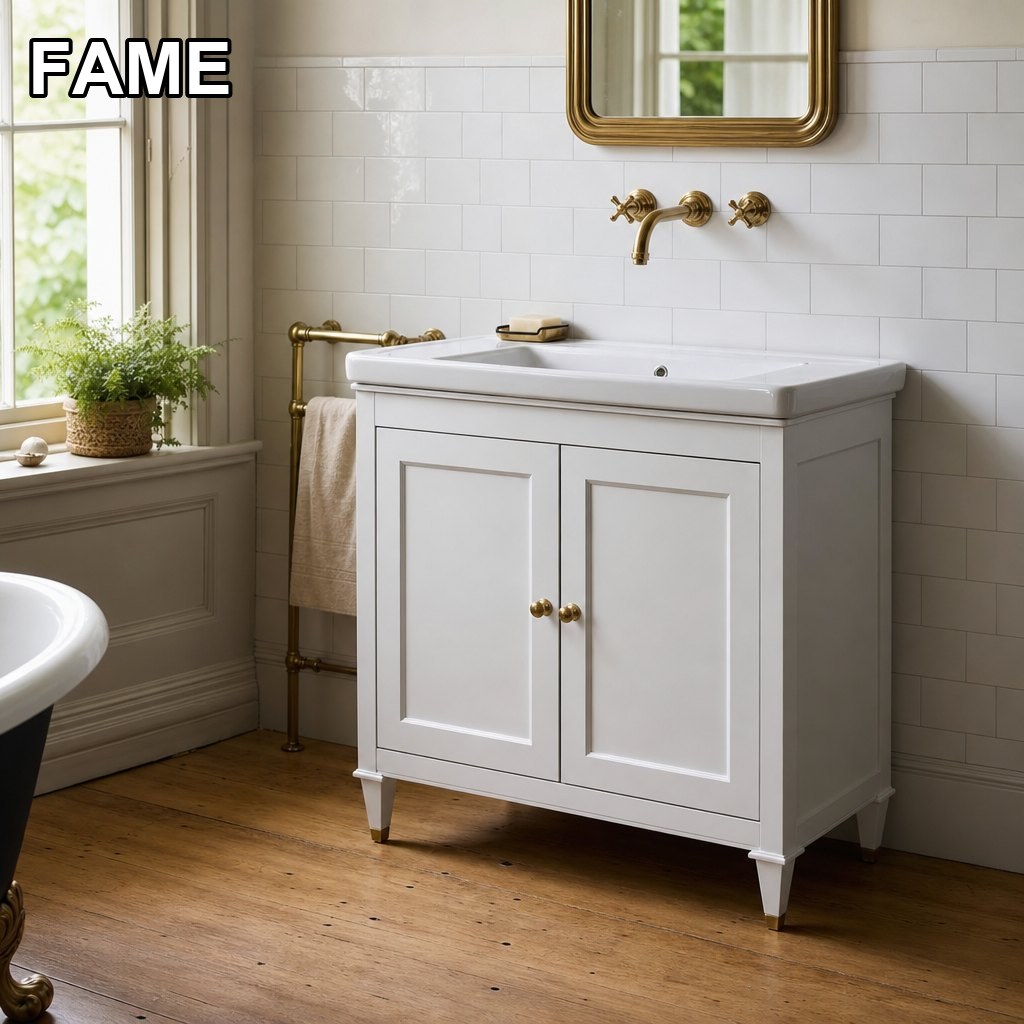 800mm Classic White Freestanding Vanity — Ceramic Basin + Vintage Legs in a real bathroom setting