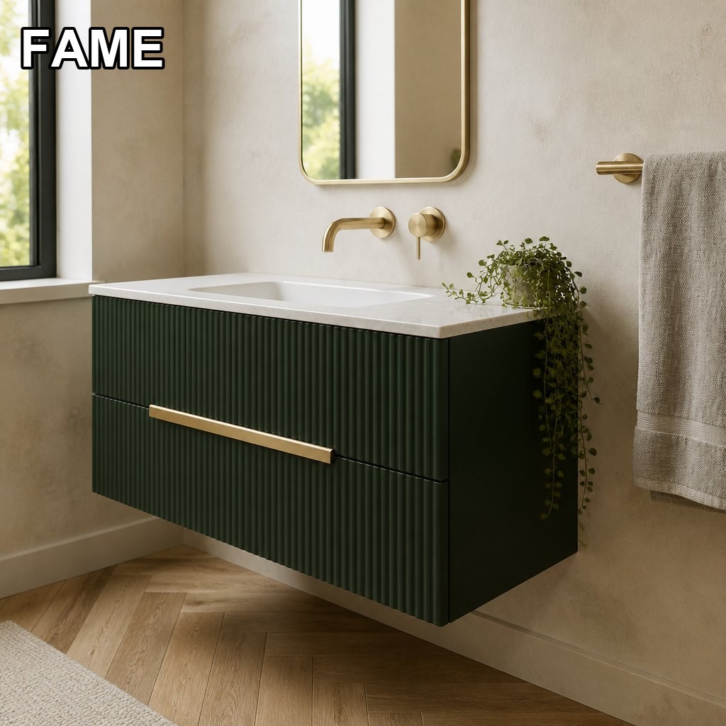 800 mm Fluted Deep-Green Wall-Hung Vanity Unit — Sintered-Stone Top, Integrated Basin in a real bathroom setting