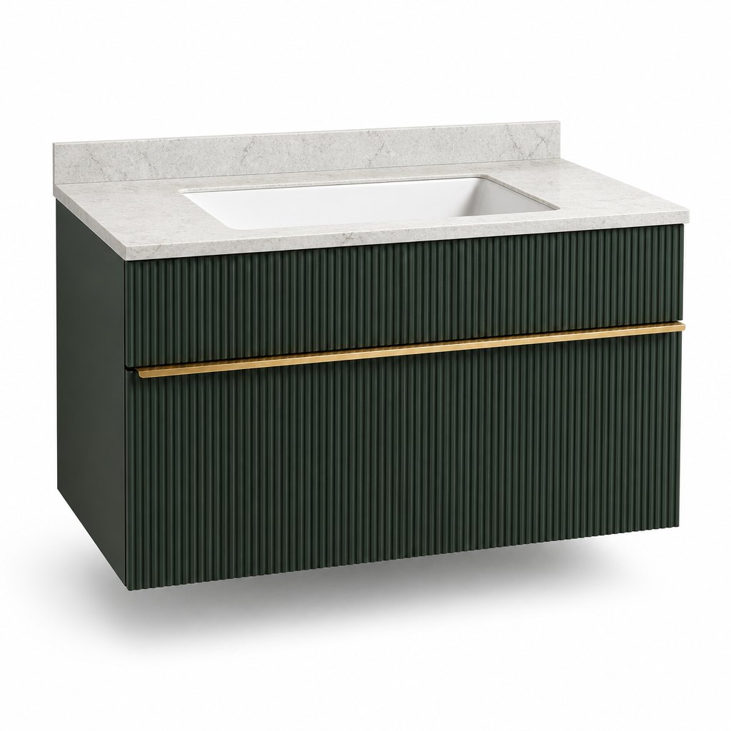 800 mm Fluted Deep-Green Wall-Hung Vanity Unit — Sintered-Stone Top, Integrated Basin — FAME bathroom cabinet manufacturer
