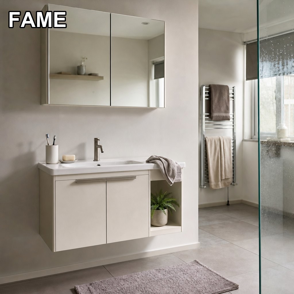 800 mm Ivory Matt Waterproof-Plywood Vanity Unit with Mirrored Cabinet in a real bathroom setting