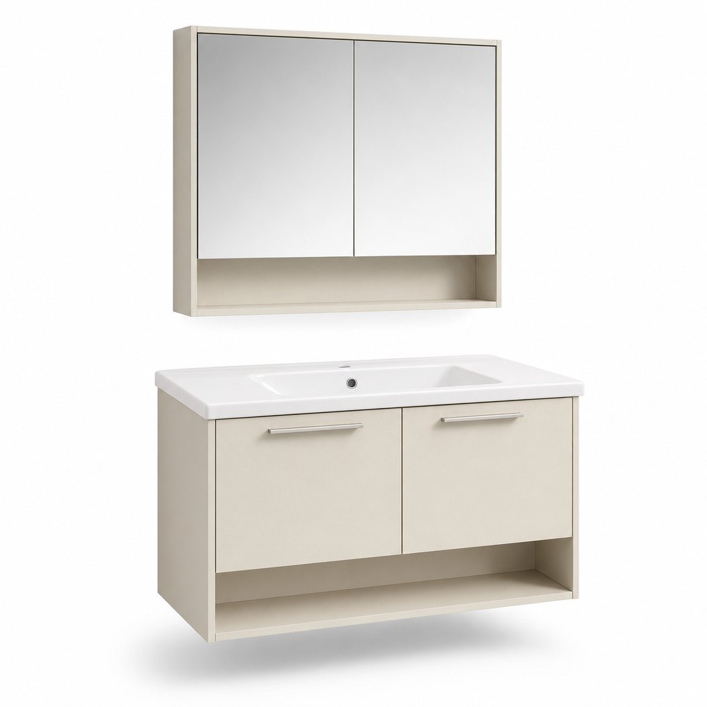 800 mm Ivory Matt Waterproof-Plywood Vanity Unit with Mirrored Cabinet — FAME bathroom cabinet manufacturer