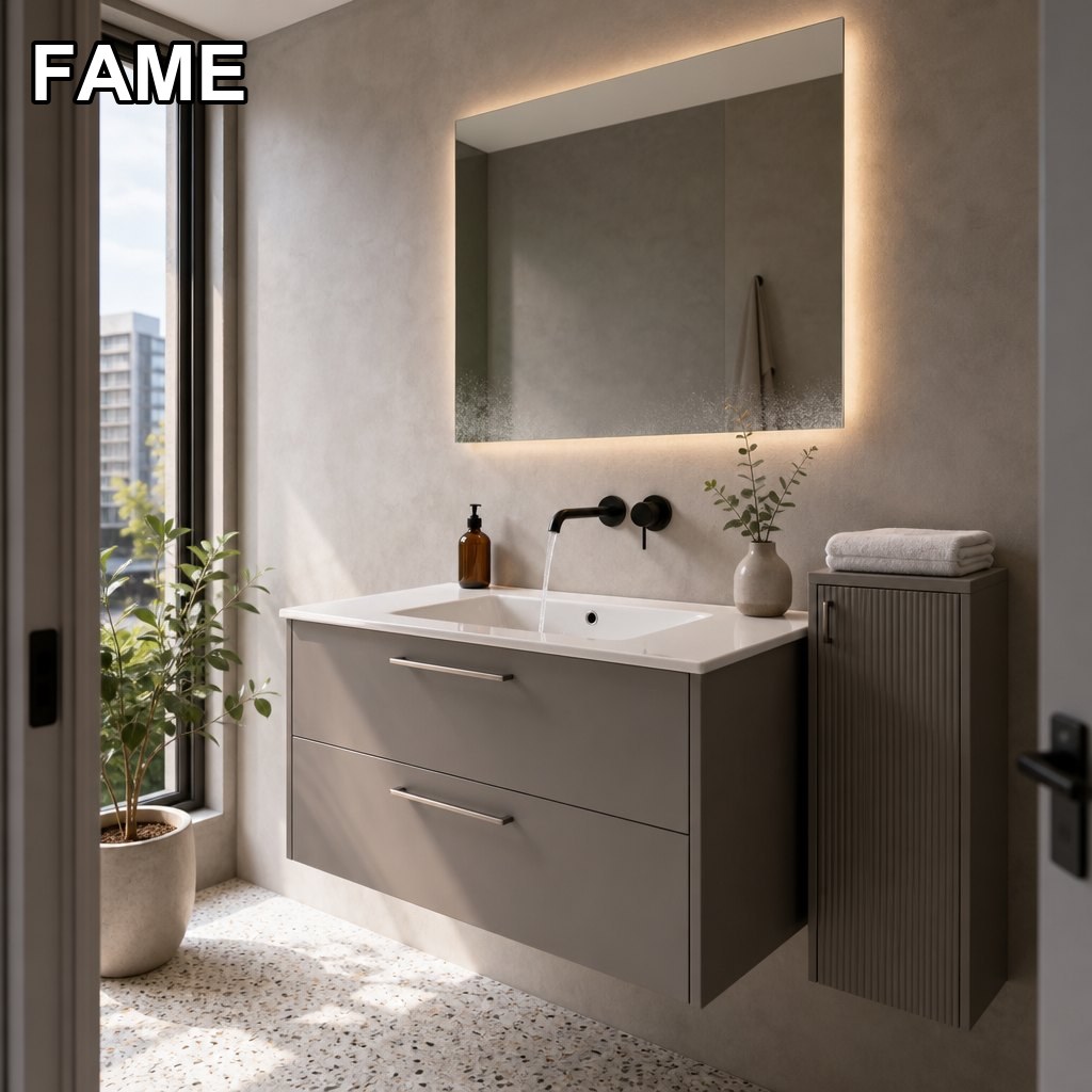 800 mm Wall-Hung Vanity with Edge-Lit LED Mirror and Fluted Side Column in a real bathroom setting