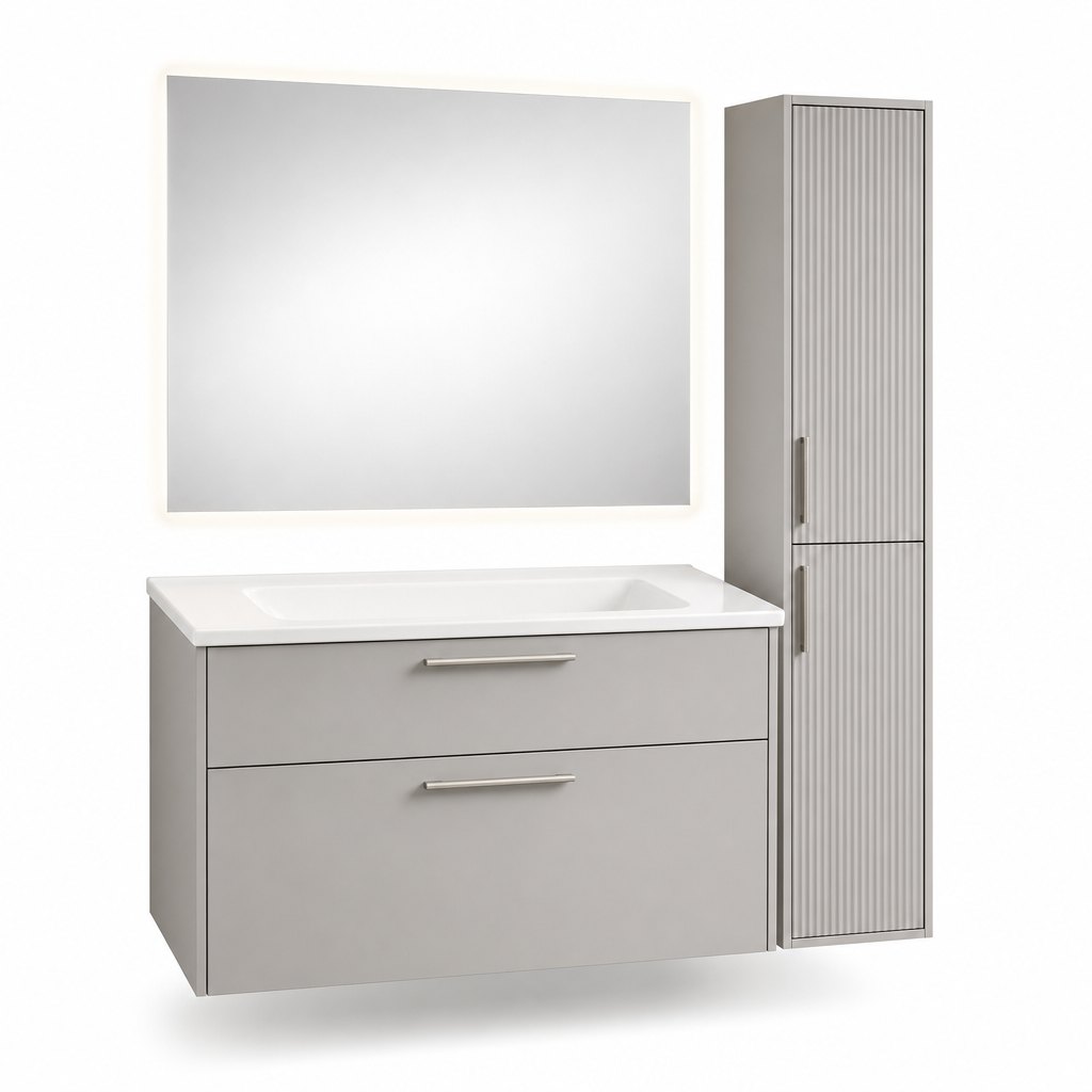 800 mm Wall-Hung Vanity with Edge-Lit LED Mirror and Fluted Side Column — FAME bathroom cabinet manufacturer