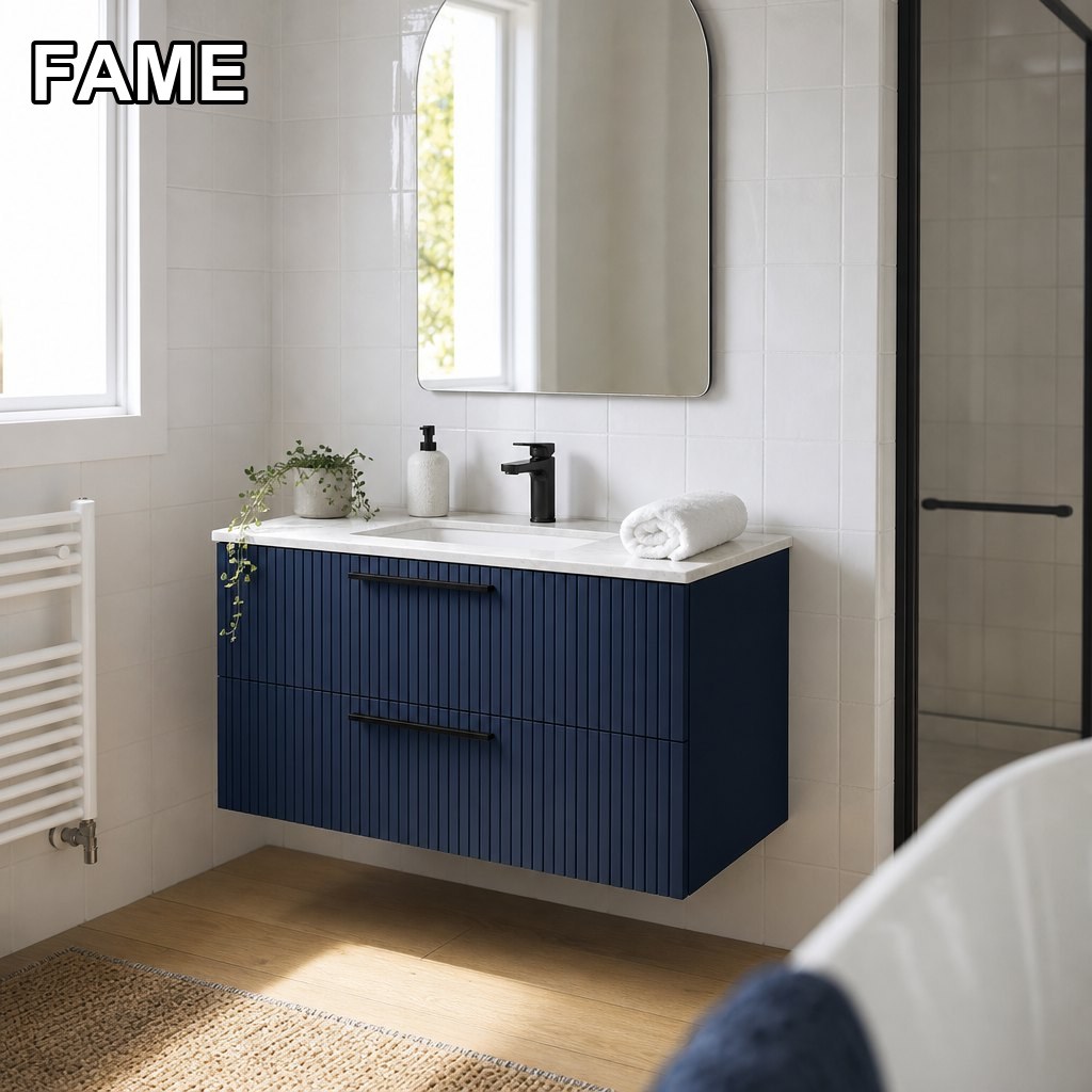 800 mm Matt Navy Fluted Wall-Hung Vanity — Stone Top, Integrated Basin in a real bathroom setting