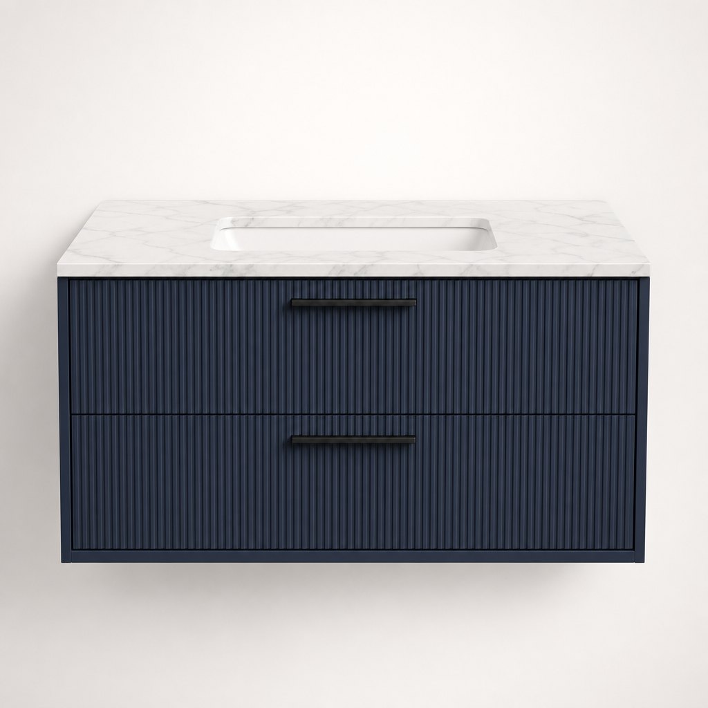 800 mm Matt Navy Fluted Wall-Hung Vanity — Stone Top, Integrated Basin — FAME bathroom cabinet manufacturer