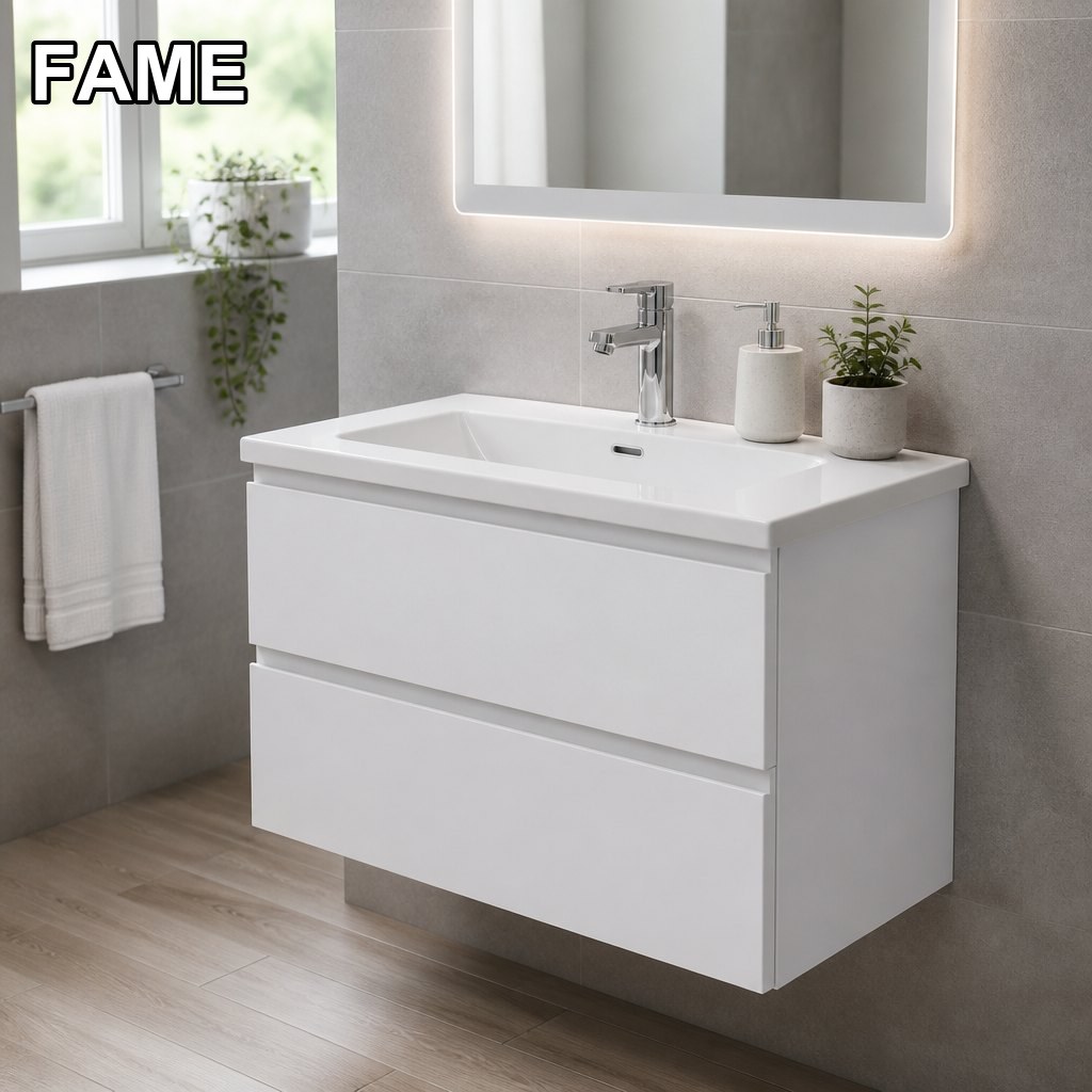 800mm Matte White Vanity — Rectangular Integrated Basin in a real bathroom setting