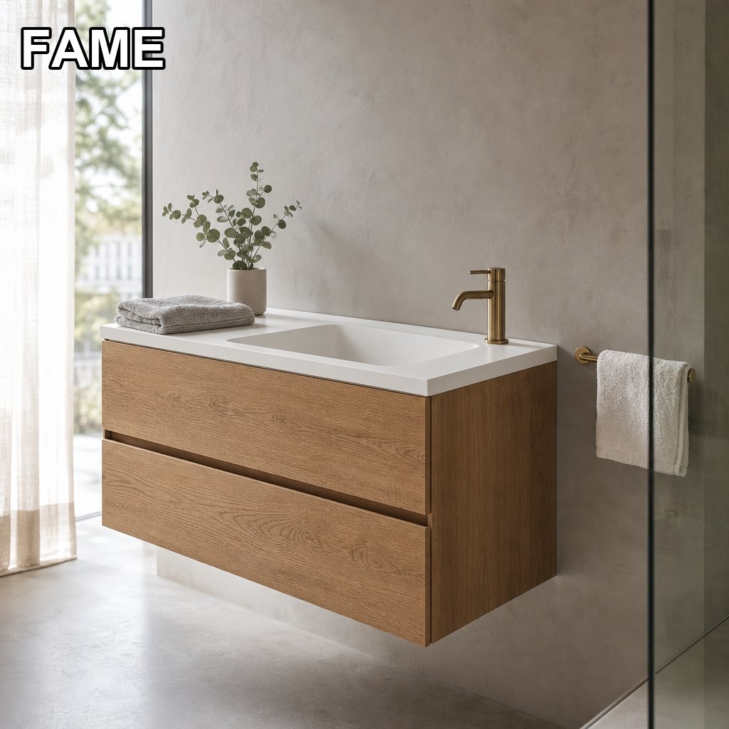 800 mm Warm-Oak Floating Vanity — Seamless One-Piece Basin + Two Extra-Deep Drawers in a real bathroom setting