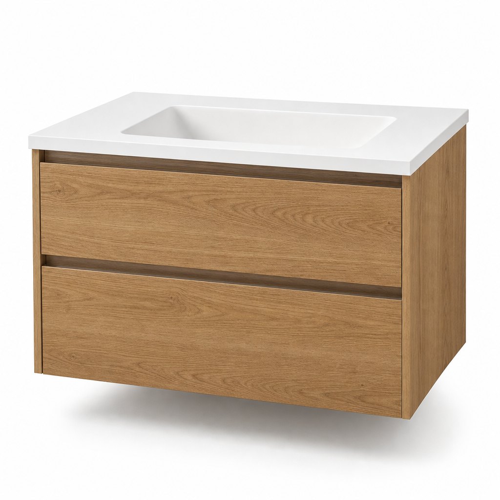 800 mm Warm-Oak Floating Vanity — Seamless One-Piece Basin + Two Extra-Deep Drawers — FAME bathroom cabinet manufacturer
