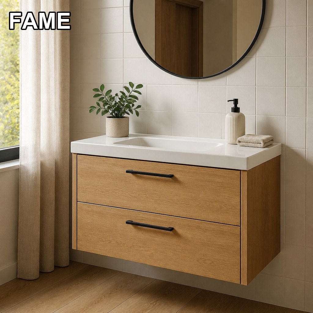 800mm Oak Wall-Hung Vanity — Seamless Integrated Ceramic Basin in a real bathroom setting