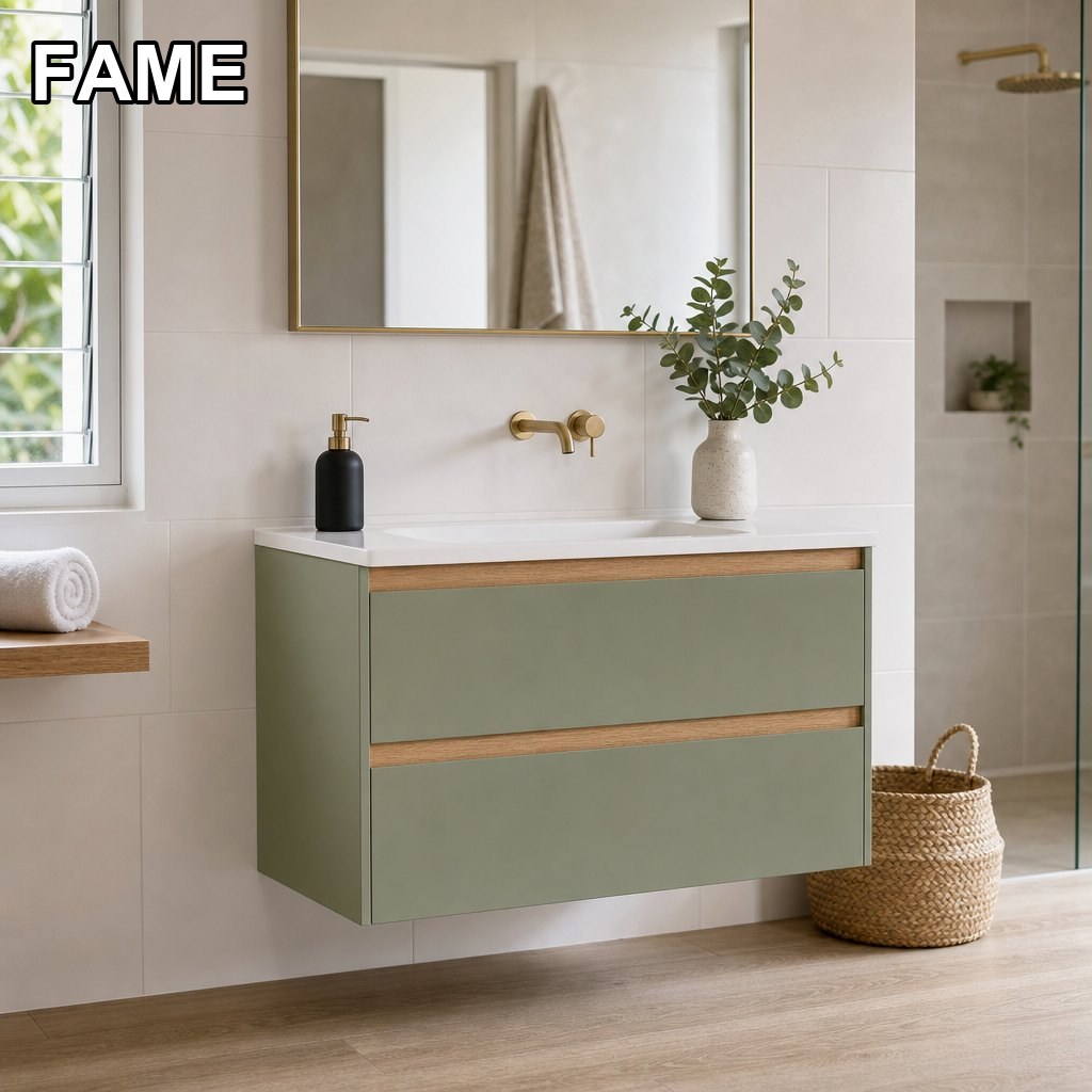 800mm Sage Green Wall-Hung Vanity — Integrated Ceramic Basin & Oak Trim in a real bathroom setting
