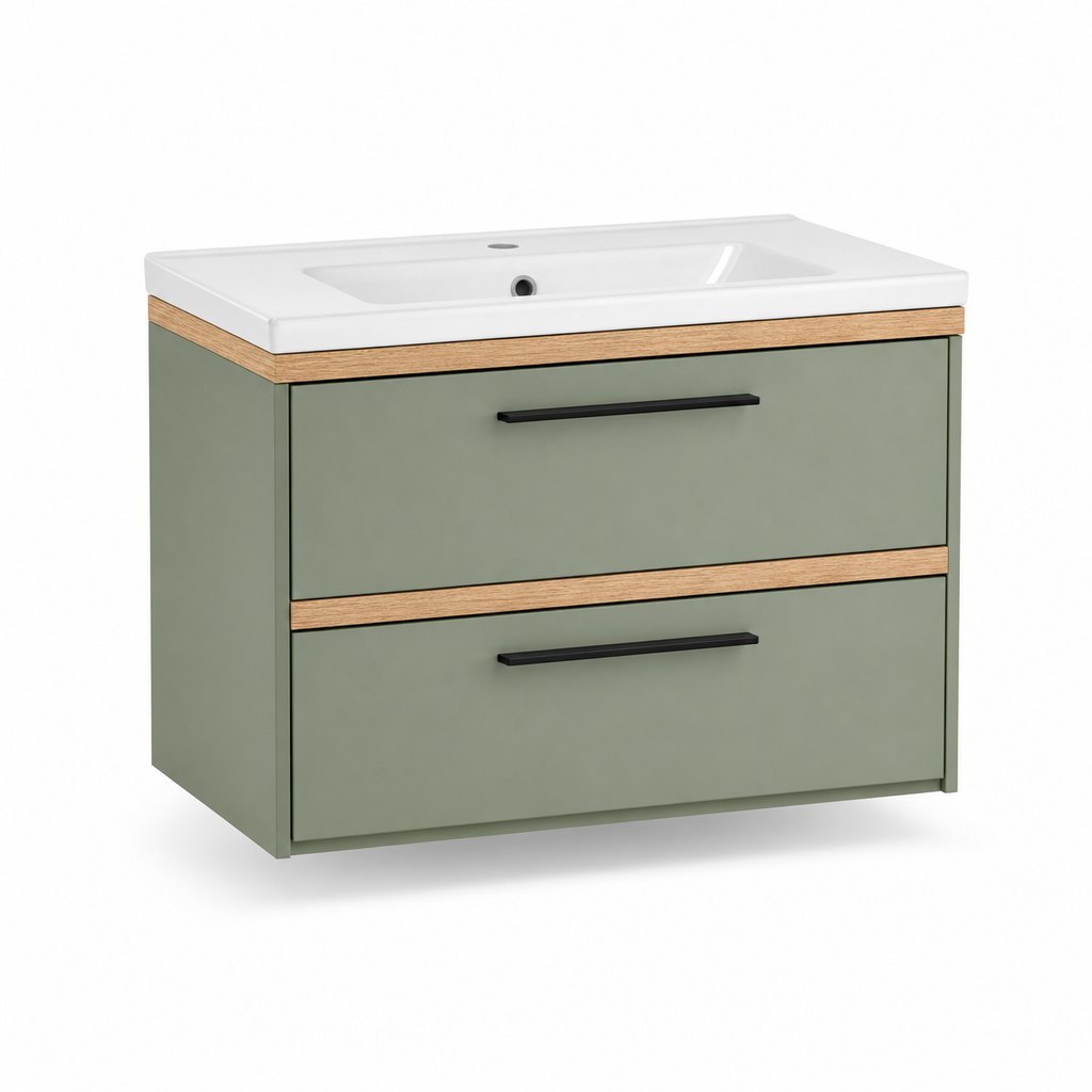 800mm Sage Green Wall-Hung Vanity — Integrated Ceramic Basin & Oak Trim — FAME bathroom cabinet manufacturer