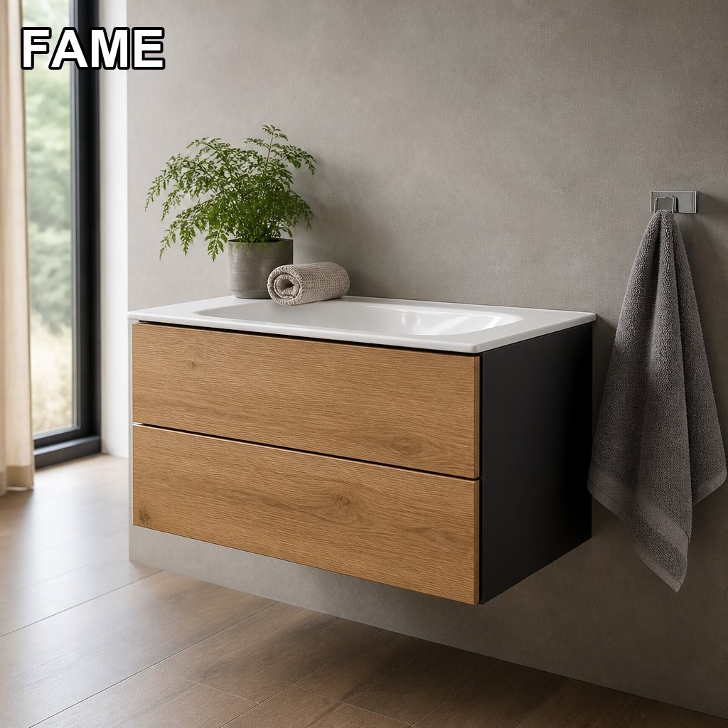 800 mm Two-Tone Oak & Anthracite Handleless Wall-Hung Vanity — Integrated Ceramic Basin in a real bathroom setting
