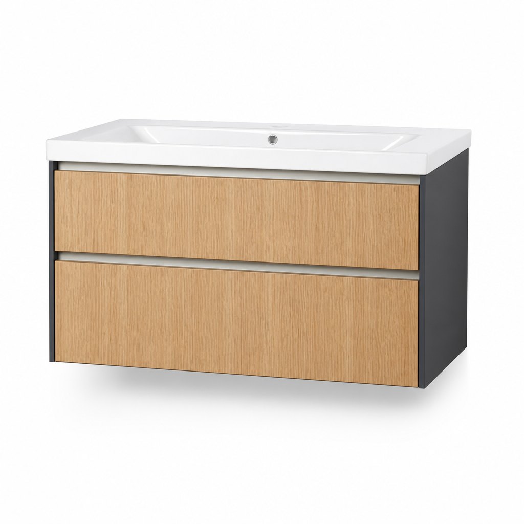 800 mm Two-Tone Oak & Anthracite Handleless Wall-Hung Vanity — Integrated Ceramic Basin — FAME bathroom cabinet manufacturer