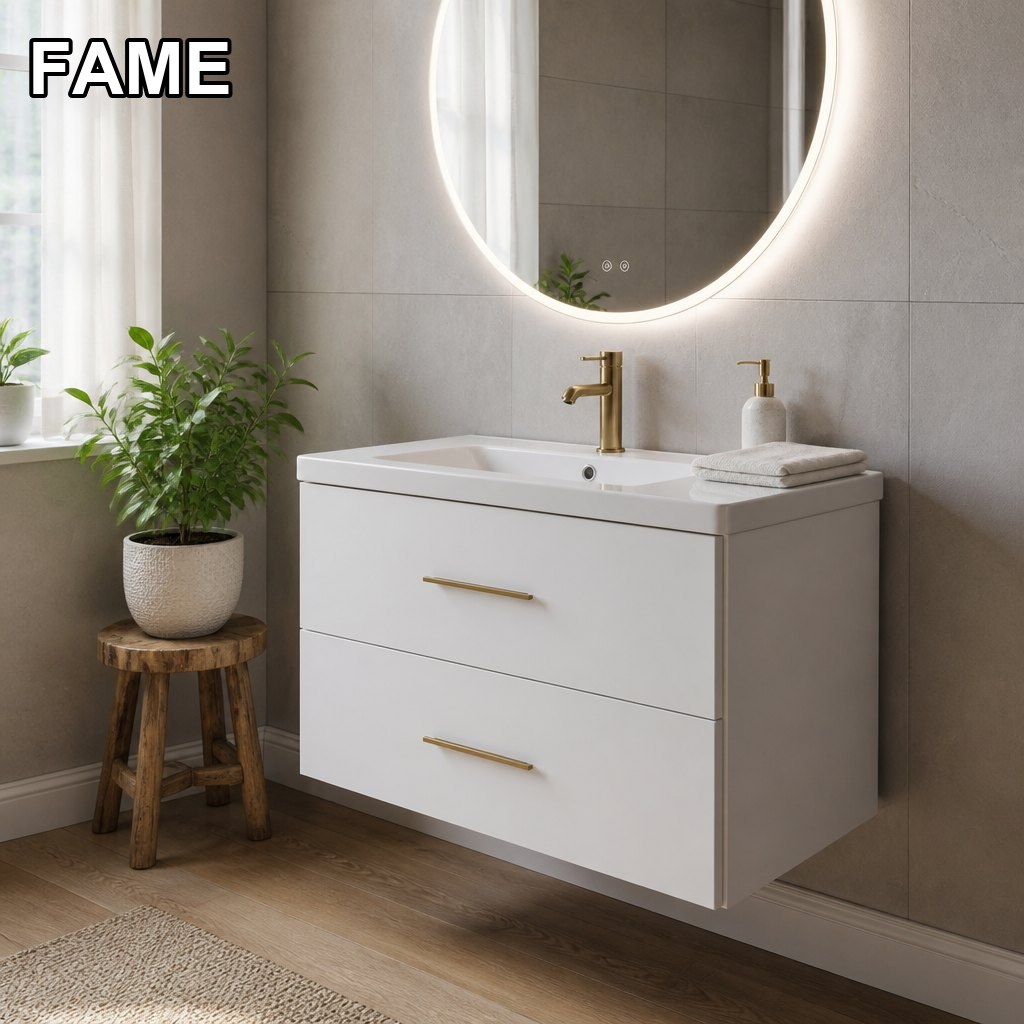 800mm Wall-Hung Bathroom Vanity — Ceramic Top + Soft-Close Drawers in a real bathroom setting